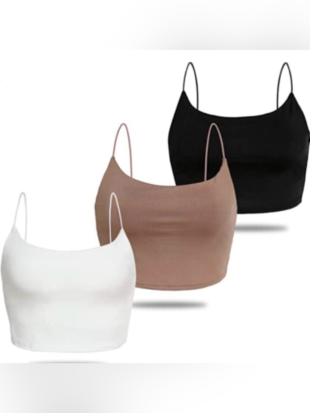 ROMWE 3-Pack Spaghetti Strap Crop Cami - White, Brown, Black